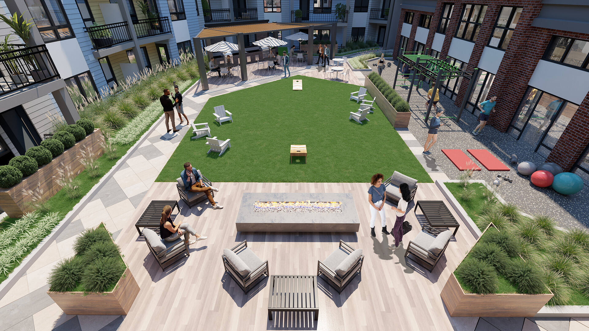 An outdoor courtyard with landscaping and hardscaping, including a fire pit, yard games and lounge areas