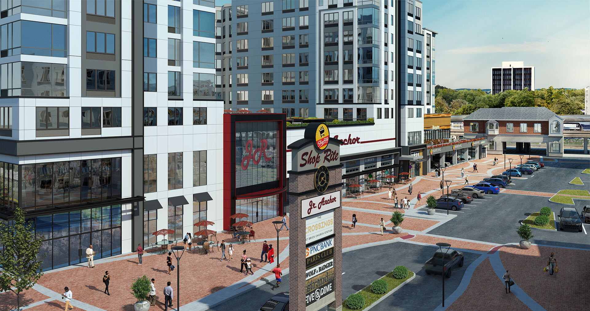 An aerial rendering of the outside of the building and its placement in the broader neighborhood