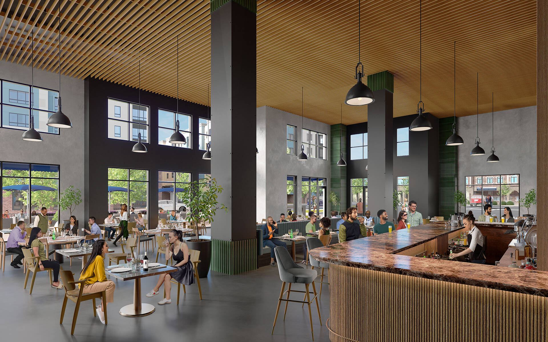 A rendering of a restaurant and bar with 20-foot ceilings, lots of windows and warm-industrial design details