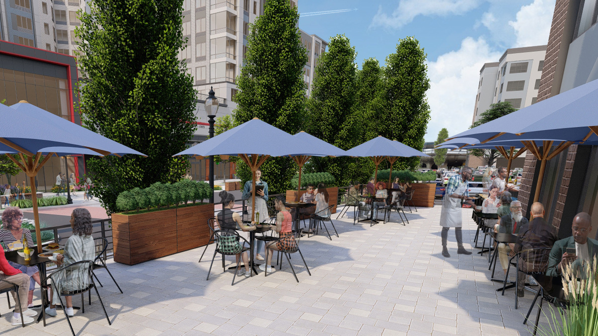 A rendering of an upscale casual restaurant patio with diverse groups sitting at café-style tables with umbrellas