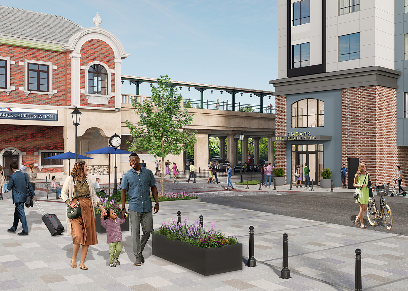 An exterior rendering of Brick Church Station and the Embark entrance with people walking to and from the station