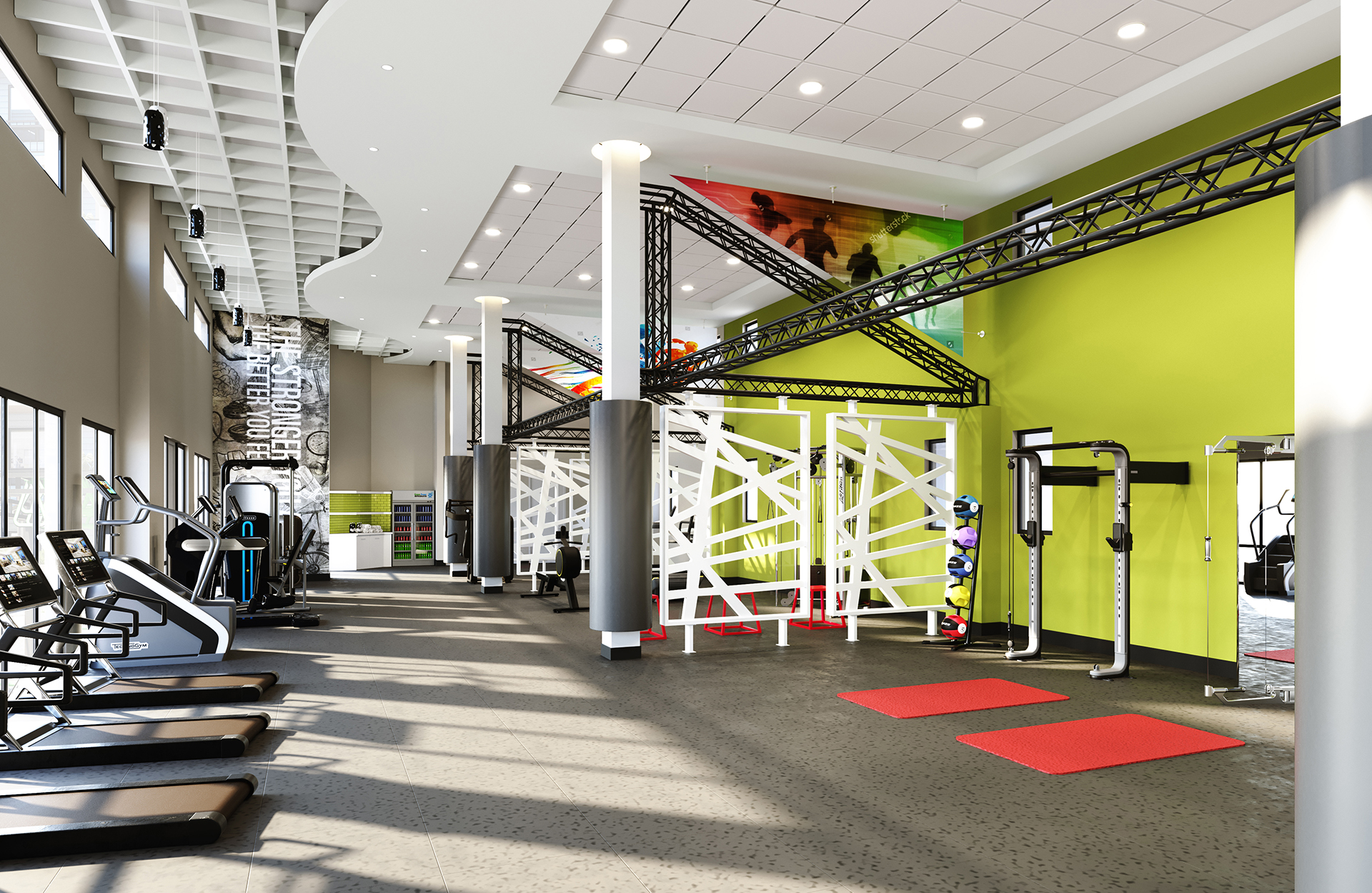 A state-of-the-art fitness center with double-height ceilings, cardio and weight training areas, and high-end equipment