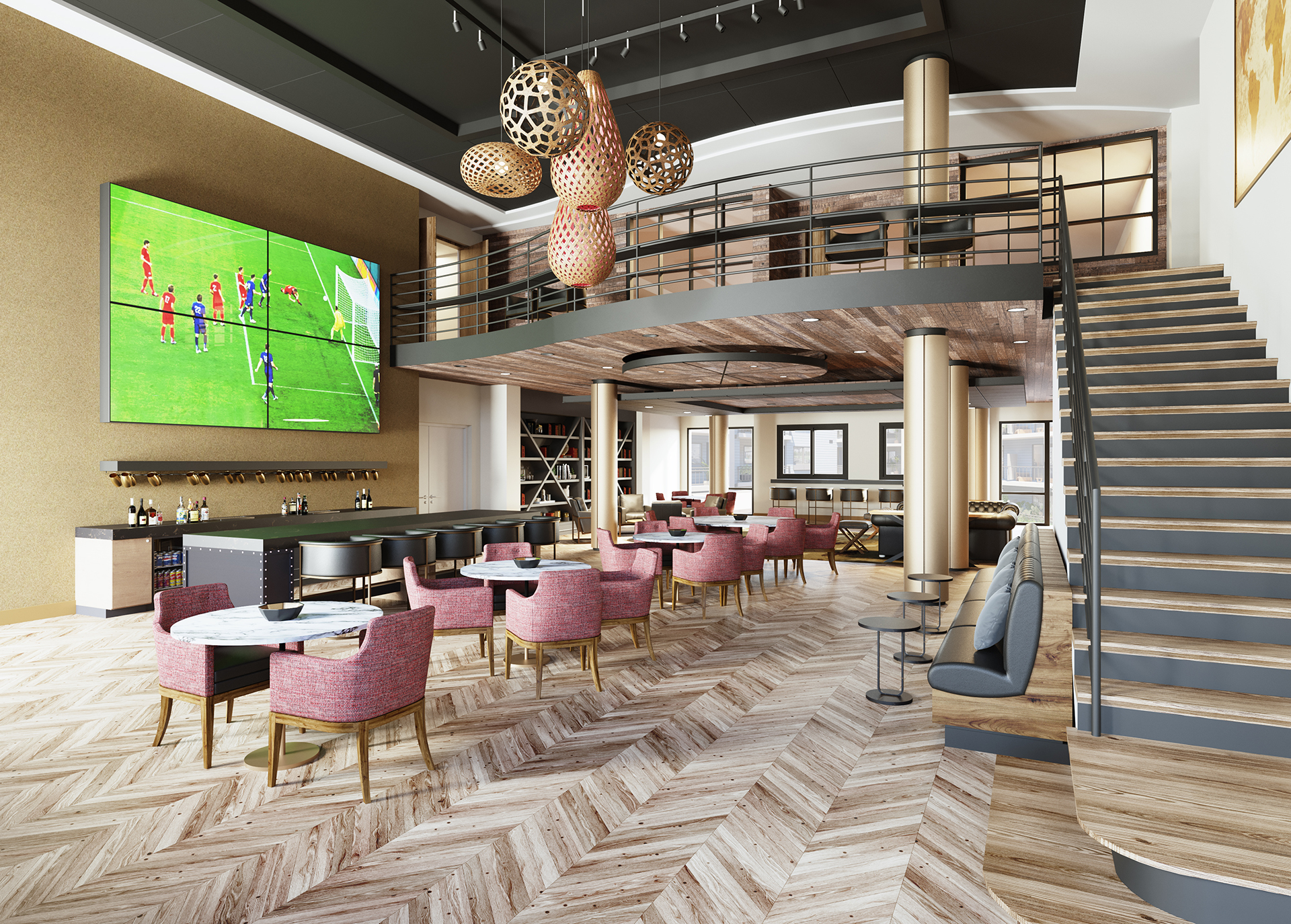 An elegant double-height clubroom with banquette, table, and bar seating, and a giant TV screen over the bar