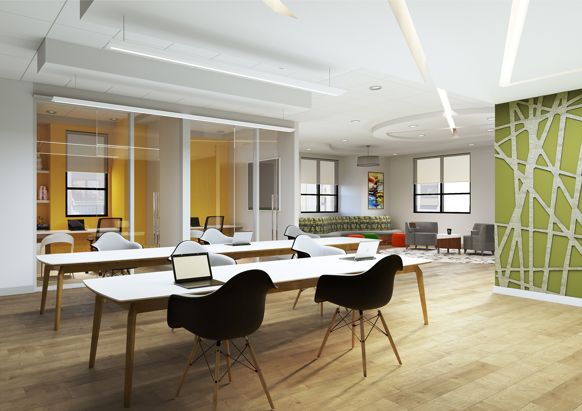 A versatile, brightly lit coworking space with private pods, communal work tables, and lounge seating