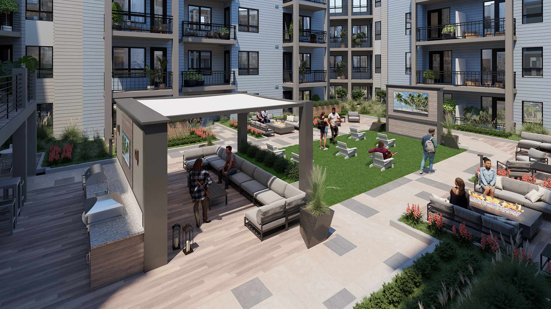 An outdoor courtyard with landscaping and hardscaping, grill stations, lounge areas, and a movie screen