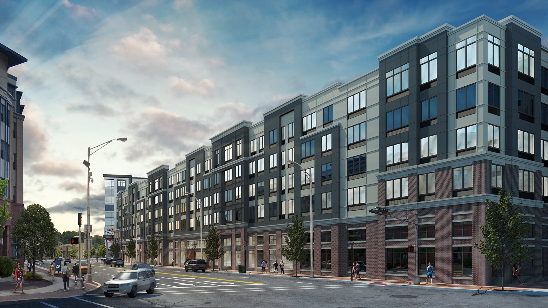 A rendering of the exterior side of the building at street level with the sunset reflected in the windows